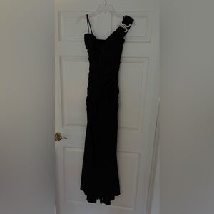Elegant One Shoulder Black Evening Dress with Draping Open Back